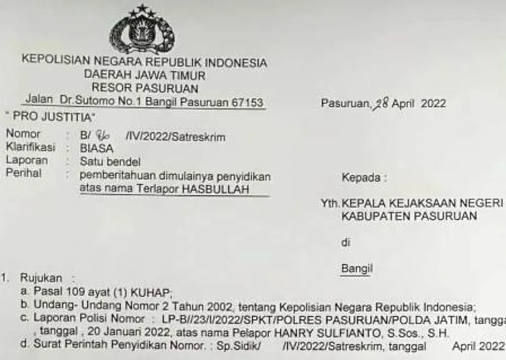 SPDP Kepala Dispendik Pasuruan Masuk Kejaksaan