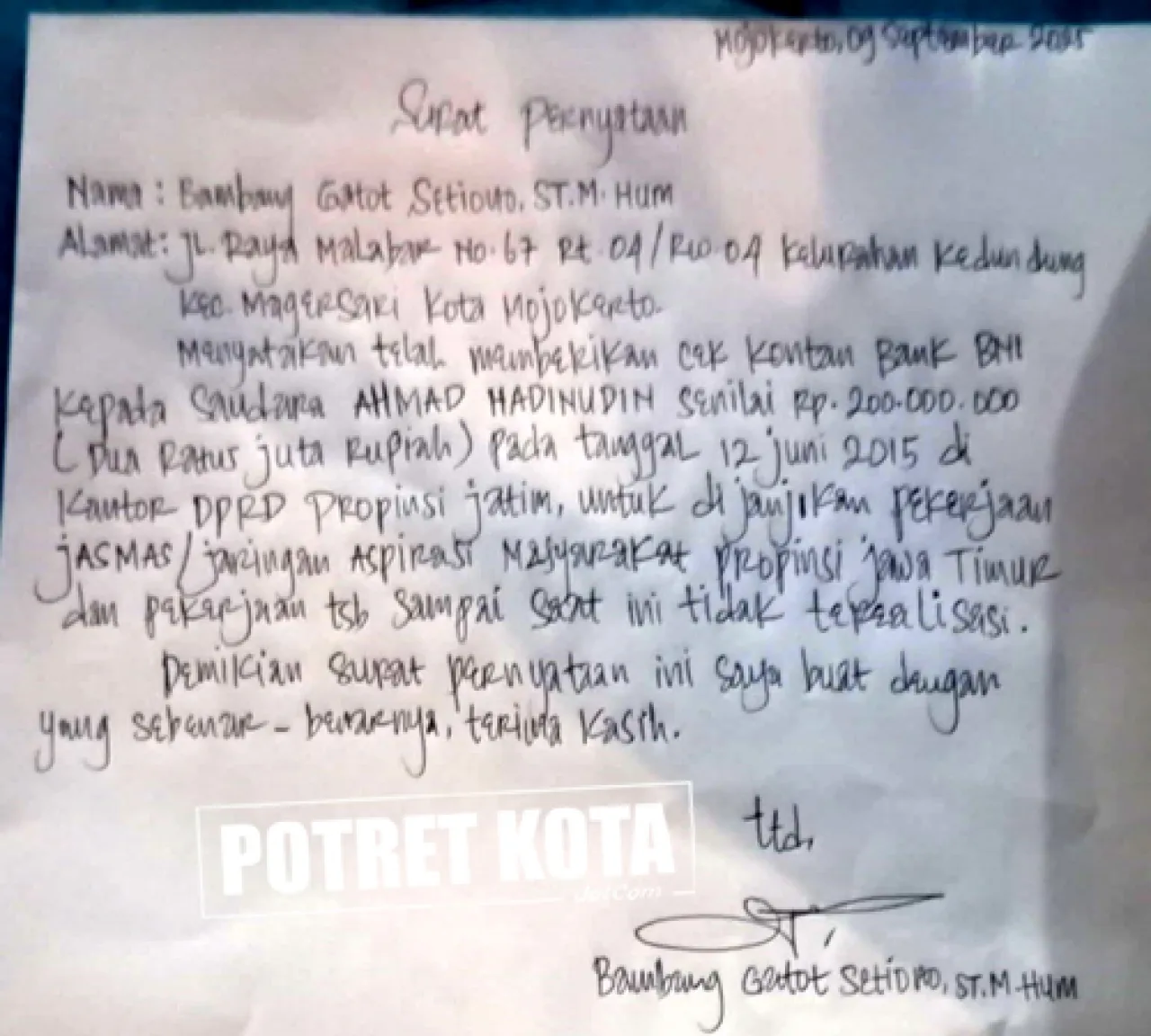 Ahmad Hadinudin DPRD Jatim Akui Terima Transfer Uang Rp200 Juta