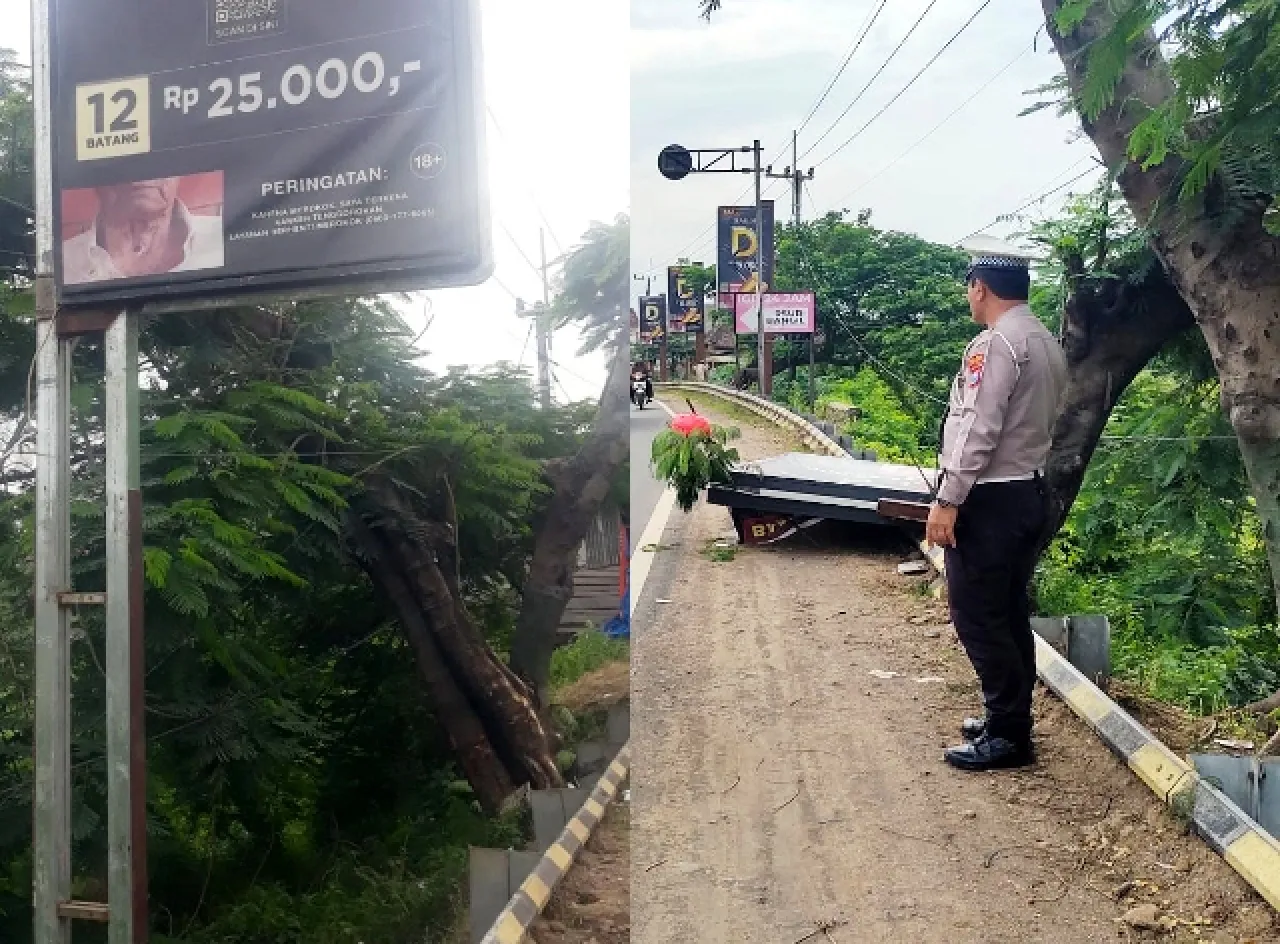 Reklame Rokok yang Roboh di Depan RSUD Bangil Diduga Ilegal