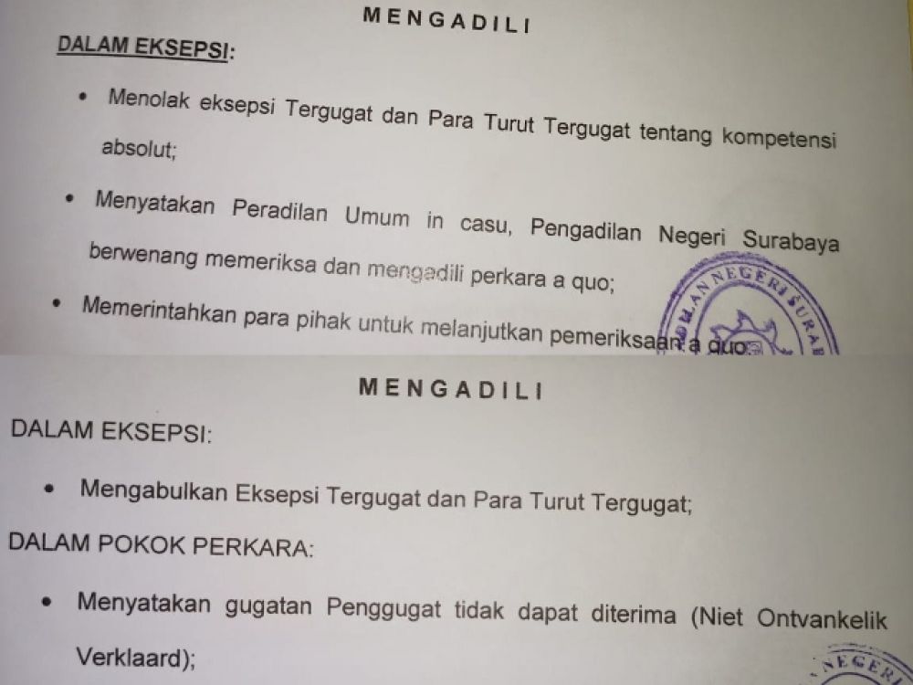 Putusan Sela (Atas) Putusan (Bawah)