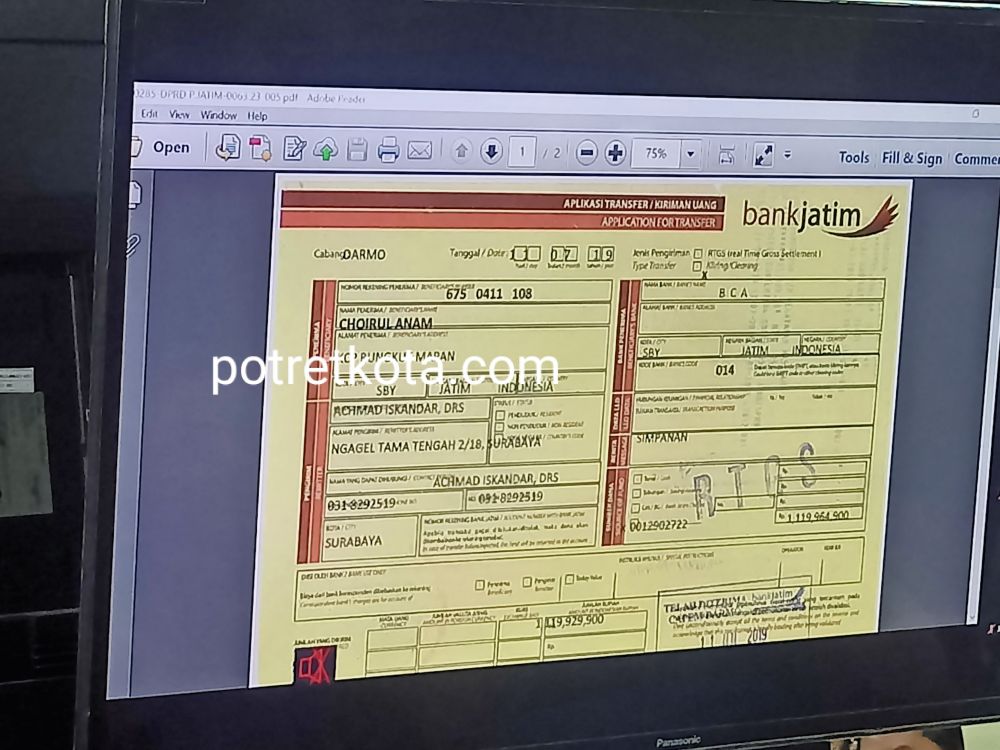 Bukti transfer dari Iskandar Demokrat 