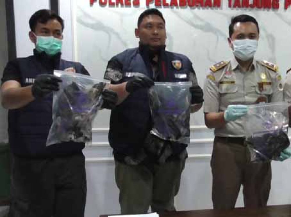 Sat Reskrim Polres Pelabuhan Tanjung Perak bersama Balai Karantina Surabaya saat merilis hasil ungkap upaya penyelundupan satwa liar untuk ritual.